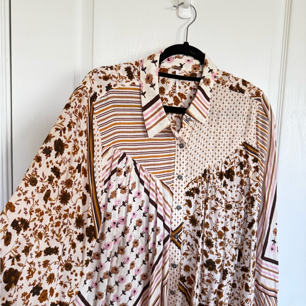 Free People Mixed Floral and Stripe Button-Down Shirt in Cream and Brown - Picture 7 of 8